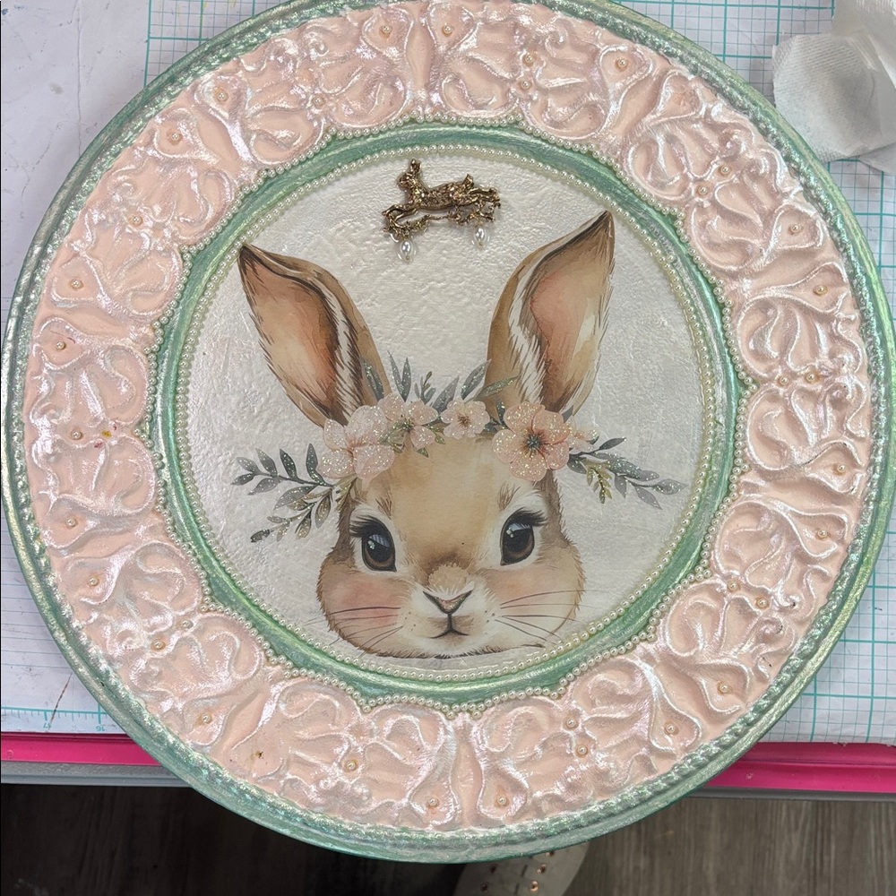 Floral Bunny Decorative Tray in Pink & Mint